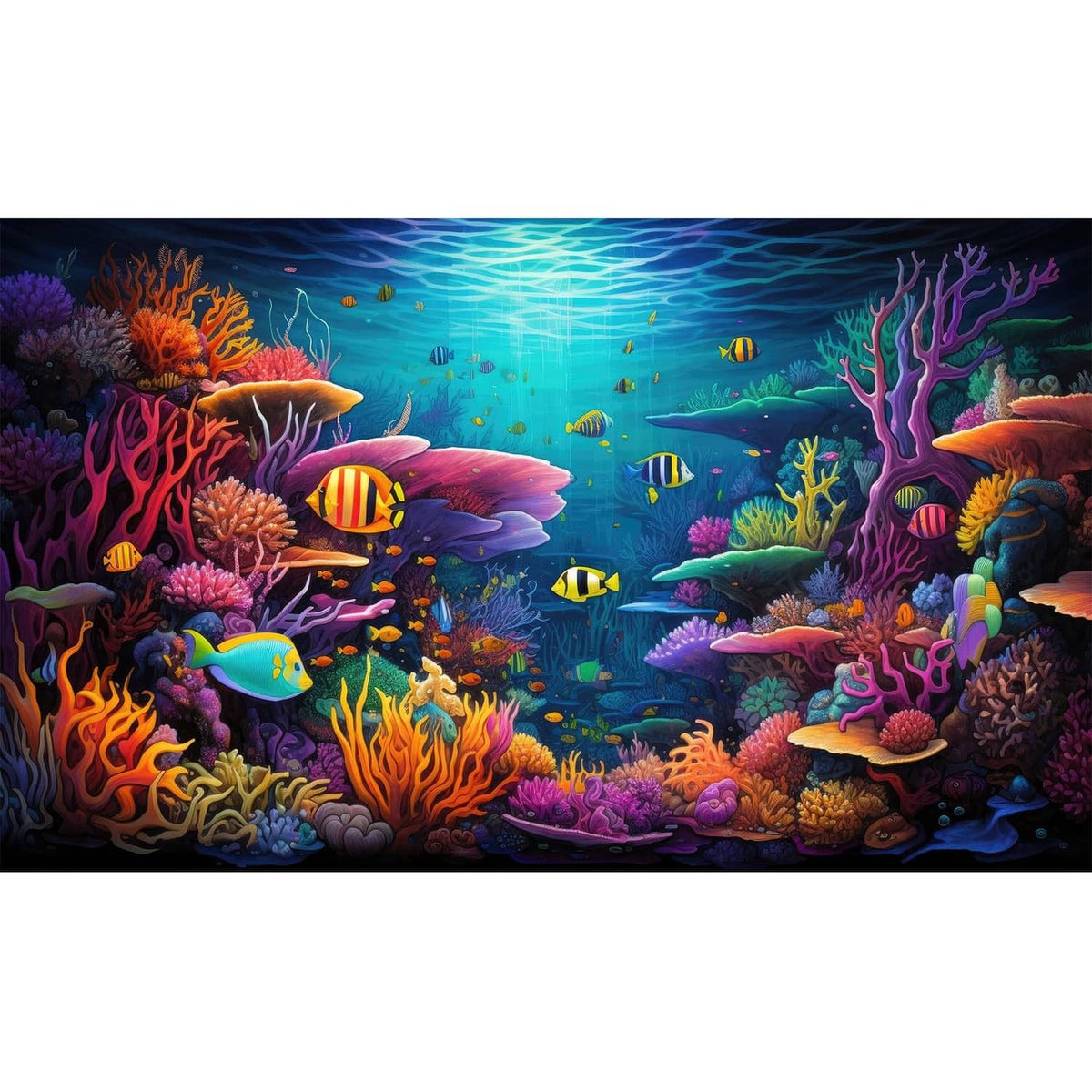 Underwater coral reef aquarium background with colorful fish and purple-blue seascape