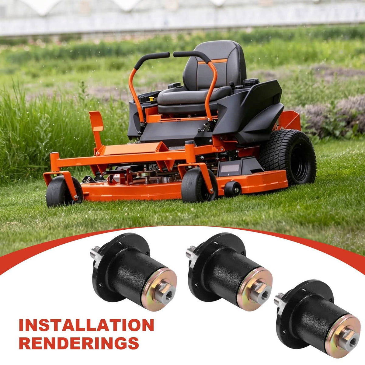 Orange riding lawn mower with three black spindle assemblies shown for installation