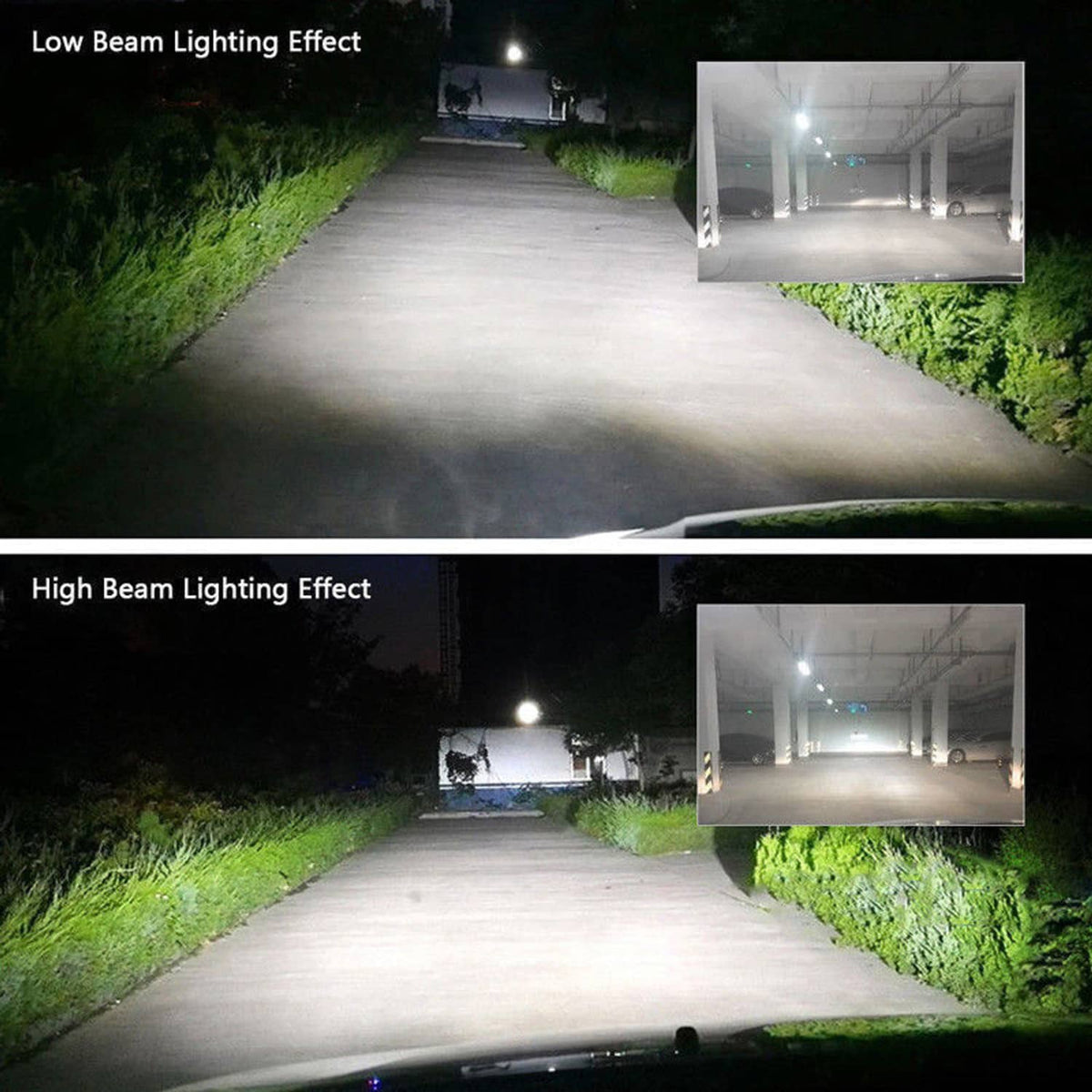 LED headlight beam effect on driveway, with inset low and high beam views