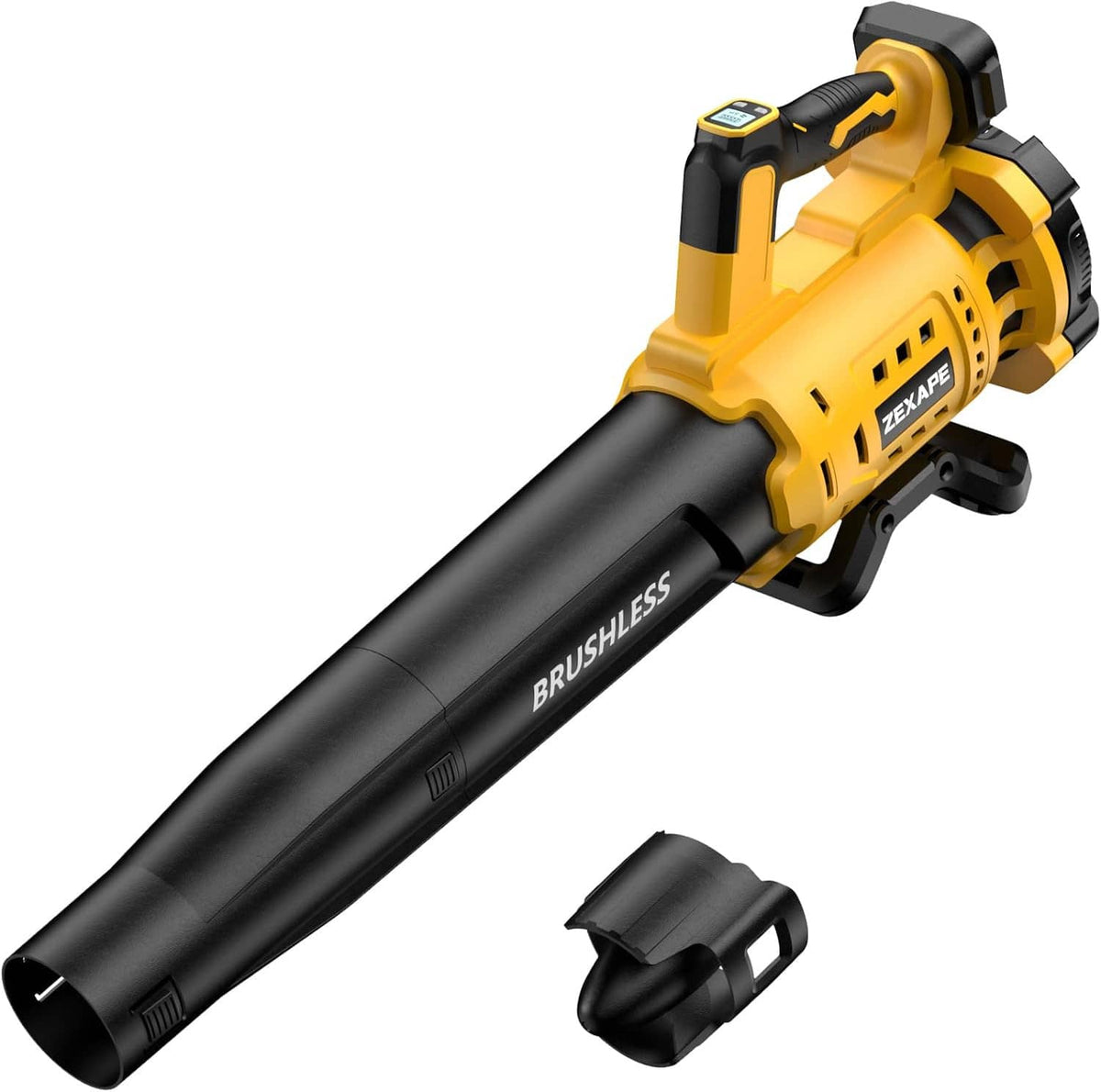Cordless leaf blower with yellow housing and black blower tube, plus nozzle attachment
