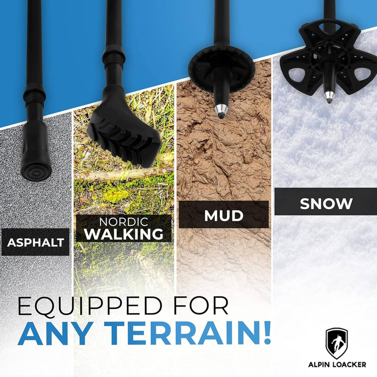 Assorted trekking pole attachments: rubber feet and snow basket tips for different terrain