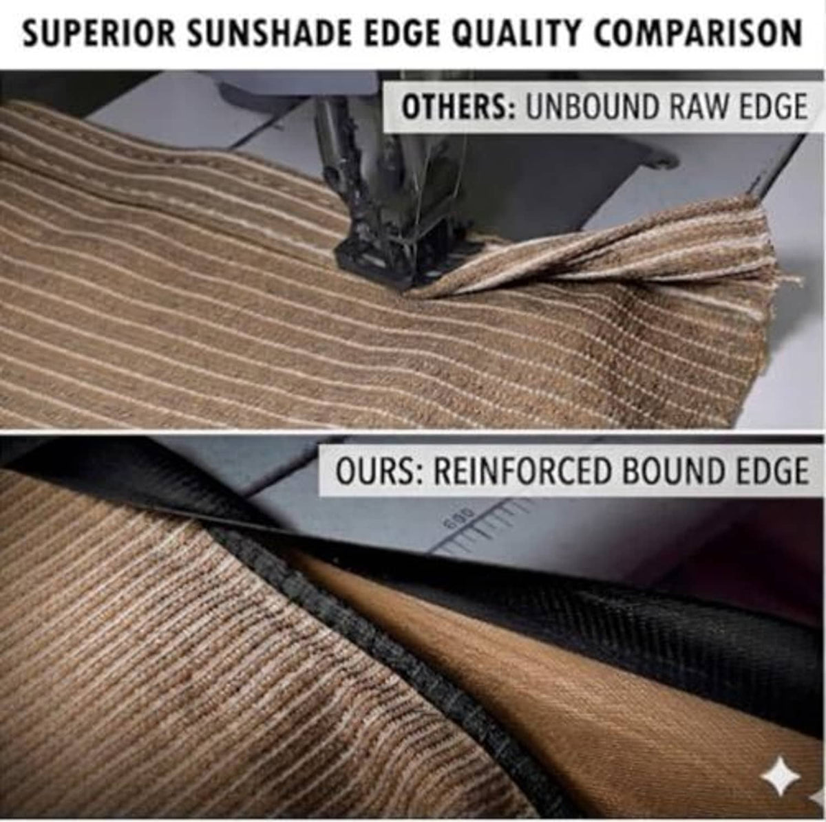Reinforced bound edge of mocha-brown woven sun shade cloth for durability