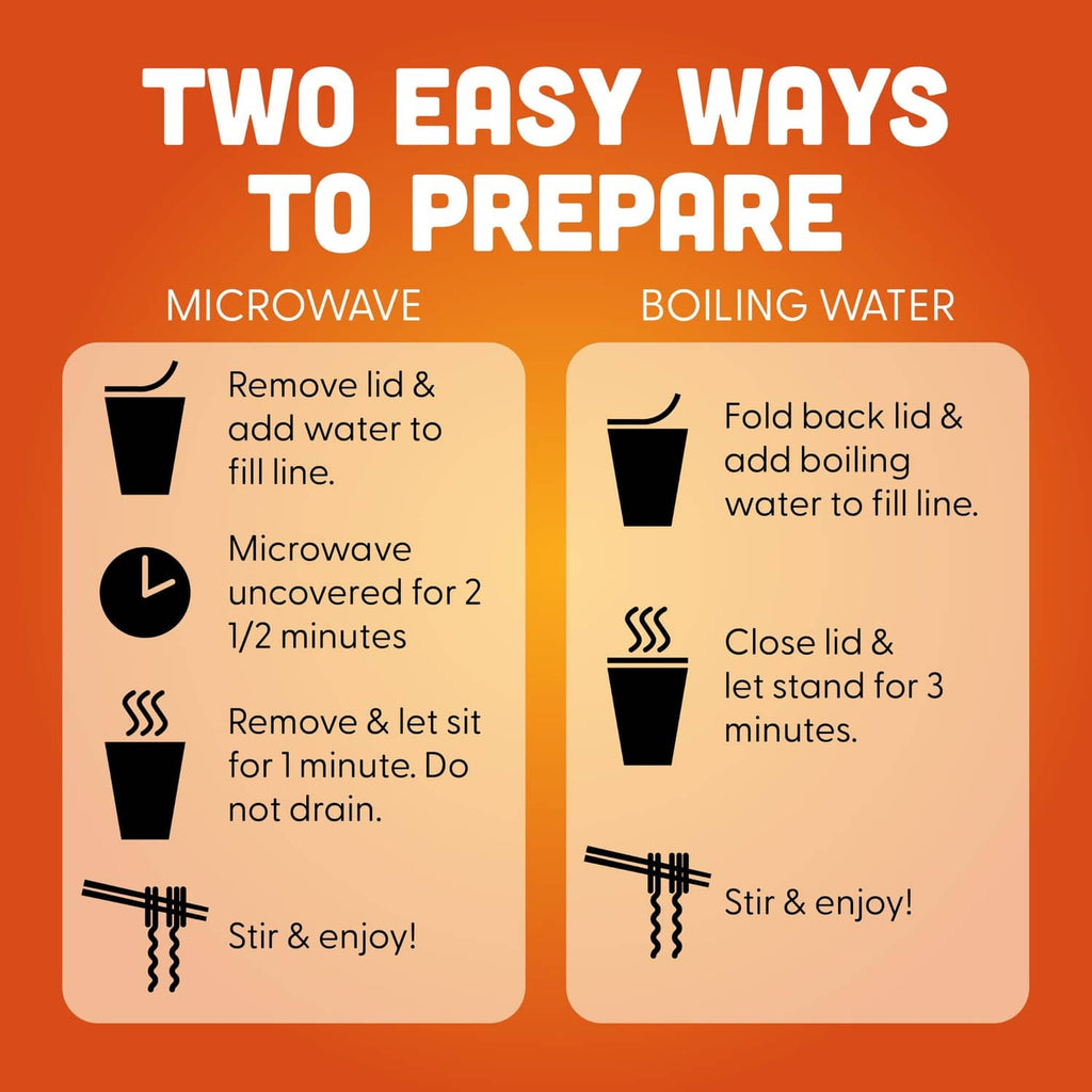 Instructions card showing microwave and boiling water prep steps for ramen cup