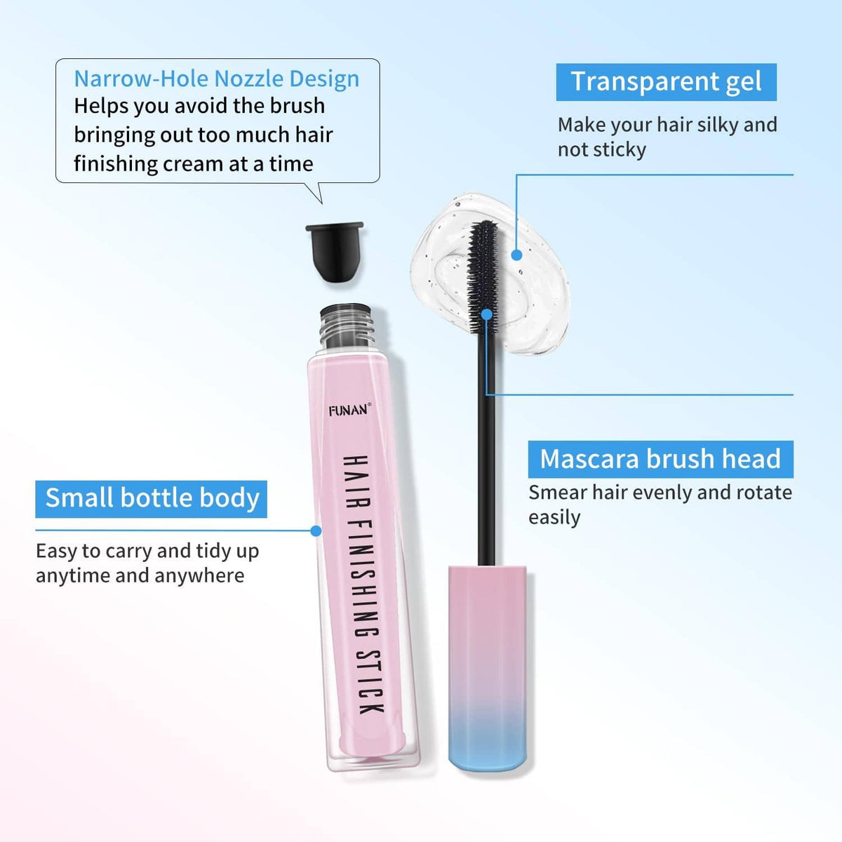 Pink hair wax finishing stick with applicator wand and brush head