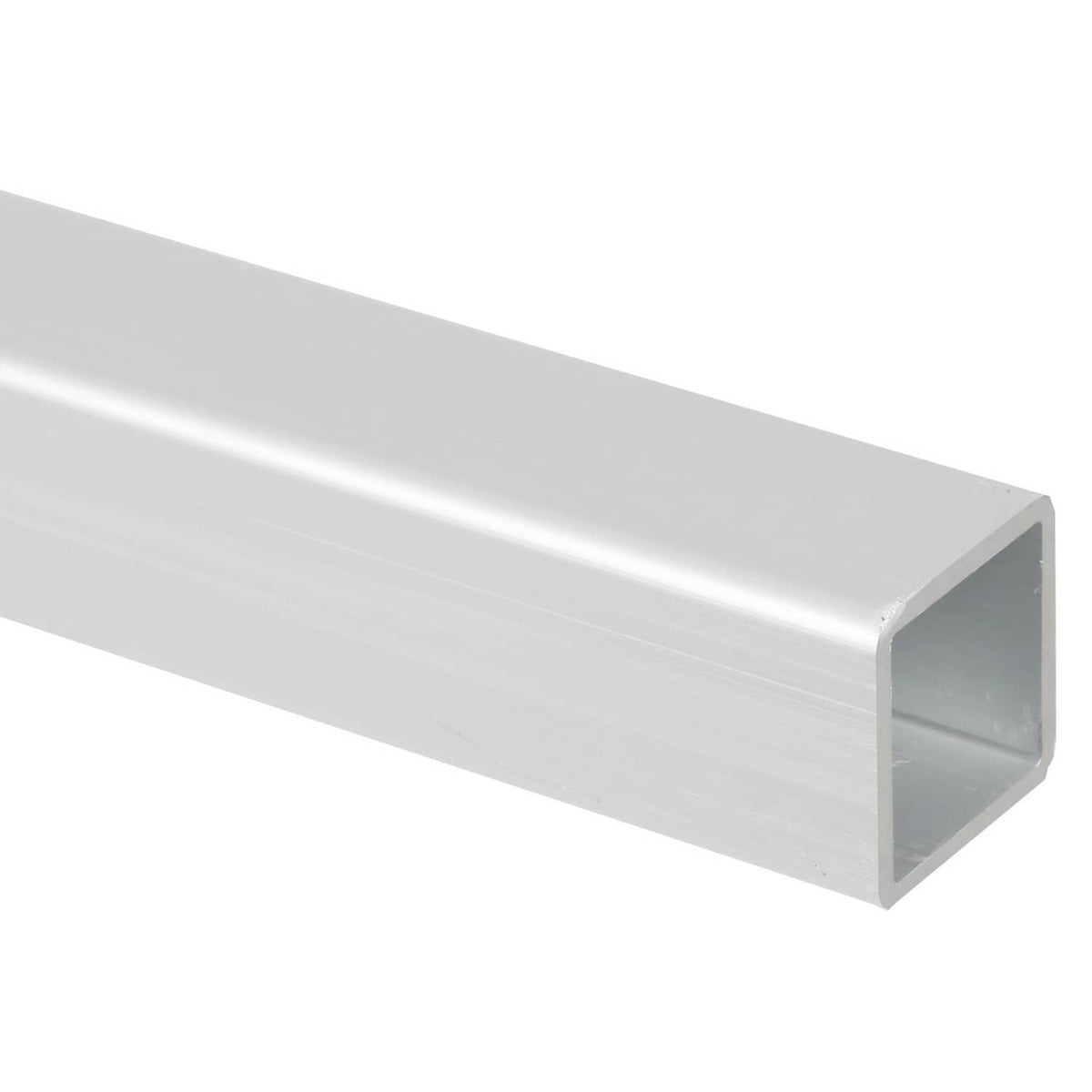 Silver square tube boat trailer crossmember end, hollow interior and metal walls