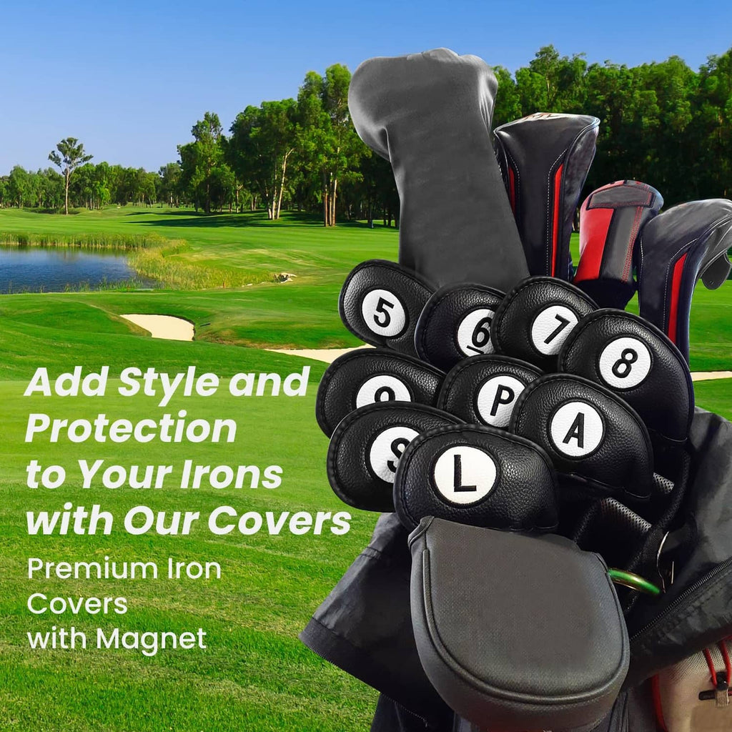 Black magnetic golf iron headcovers set, numbered padded covers with magnet closure
