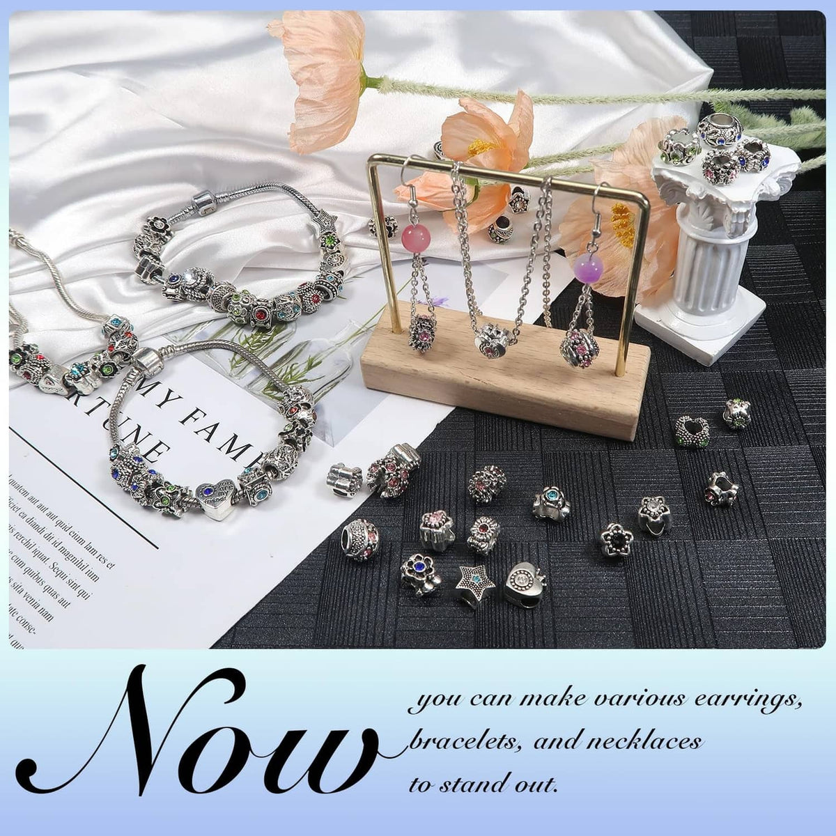 Assorted silver-tone charm beads with colorful rhinestones, star and heart motifs