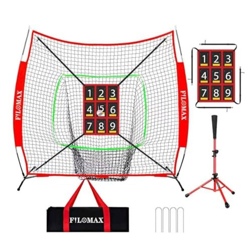 Baseball practice net with red frame and numbered strike zone, standing on tripod tee
