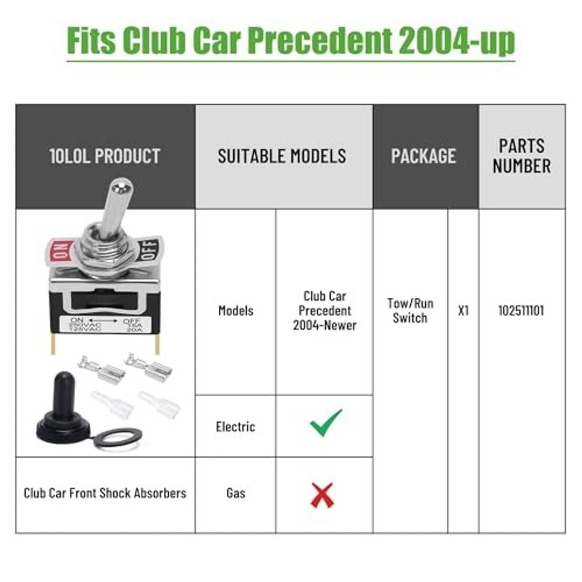 Tow/run switch compatibility chart and product parts with black knob and ring