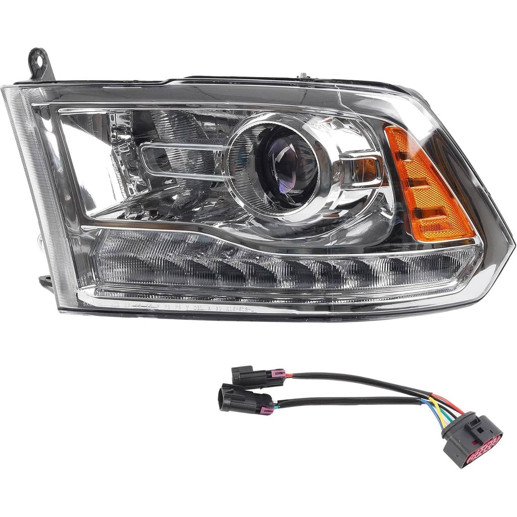 Chrome LED projector headlight with amber corner lamp and black plug wiring harness