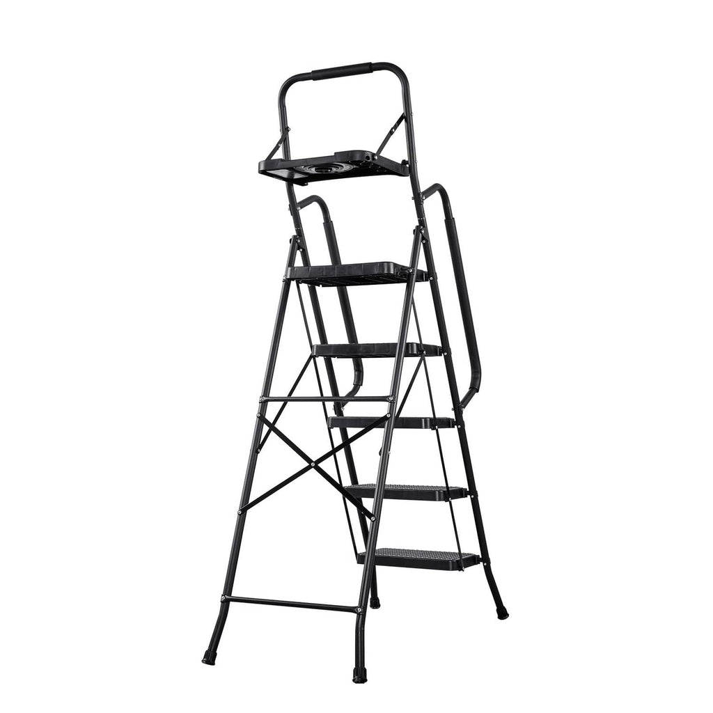 5-step steel folding ladder with anti-slip steps and dual handrails, black.