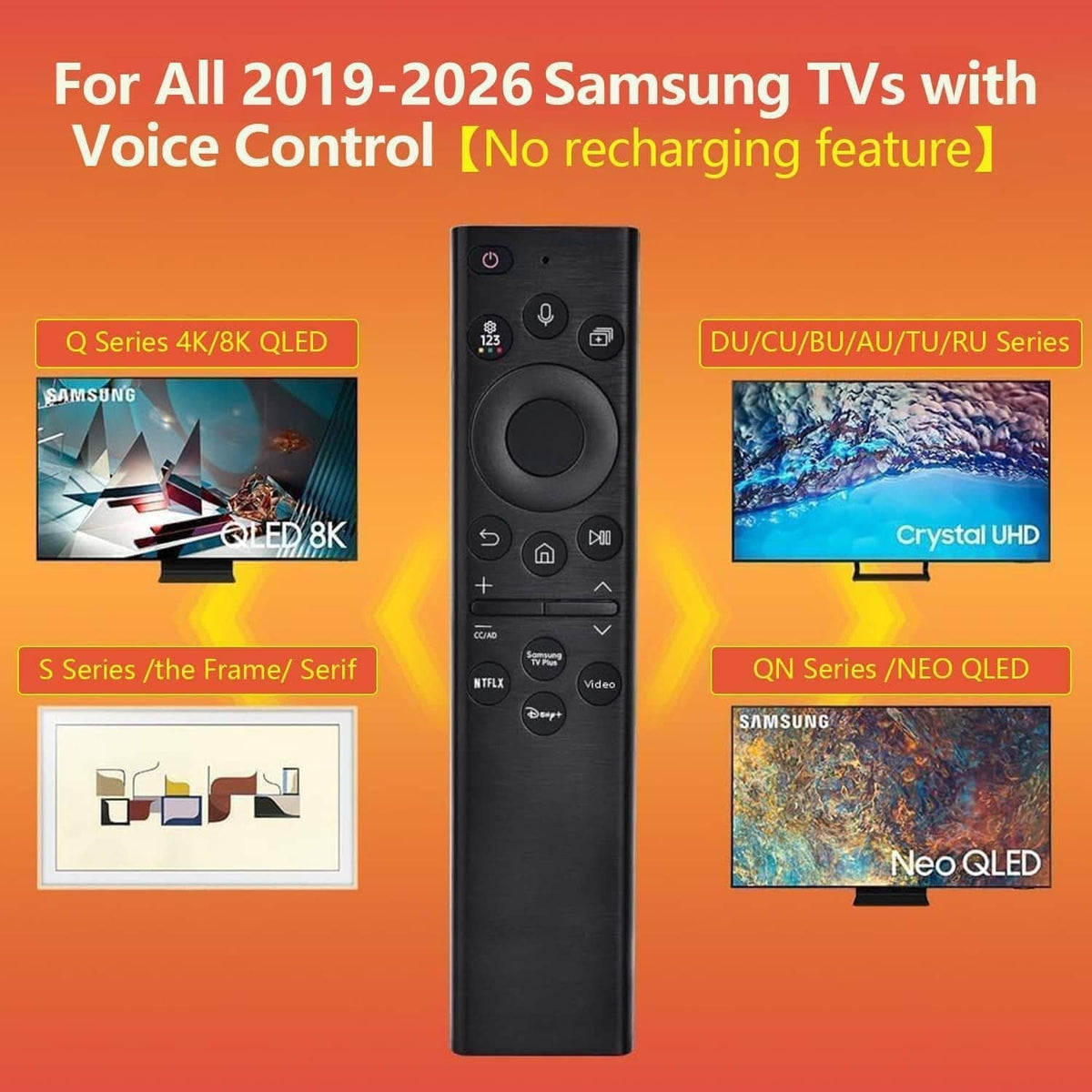 Black TV remote control with volume and channel buttons plus voice control keys