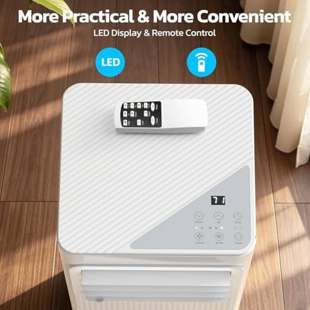 Portable air conditioner top control area with LED display and button panel, with remote.
