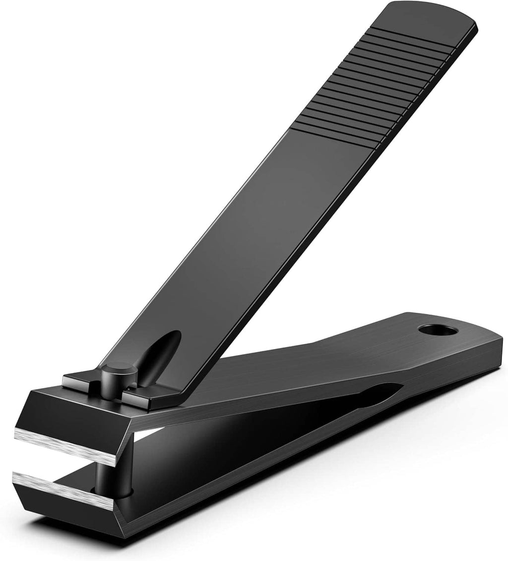 Heavy-duty straight-blade toenail clipper, black, with ergonomic handle and top file