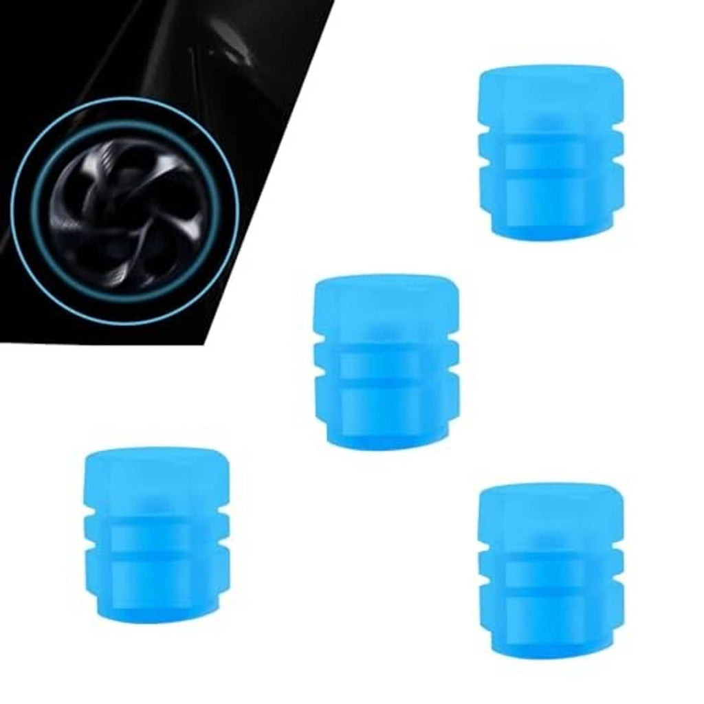 Blue glow valve stem dust caps, four-pack on white
