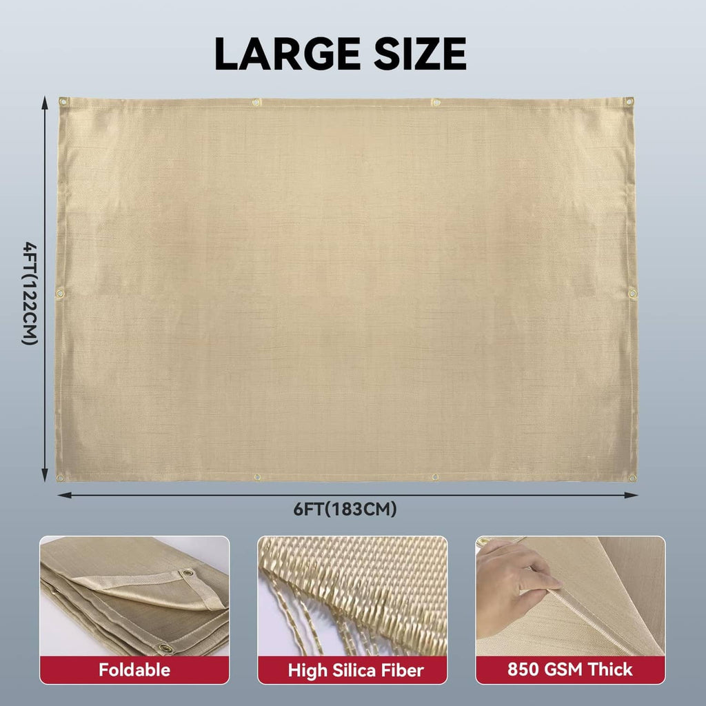 Beige welding blanket, 6 ft by 4 ft, with corner grommets