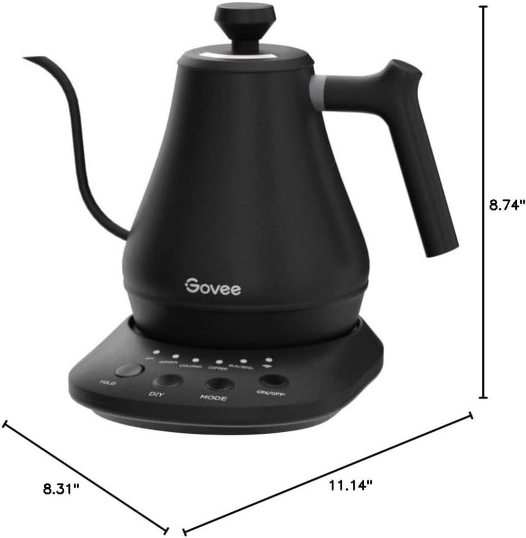Black gooseneck electric kettle with height and width dimension labels