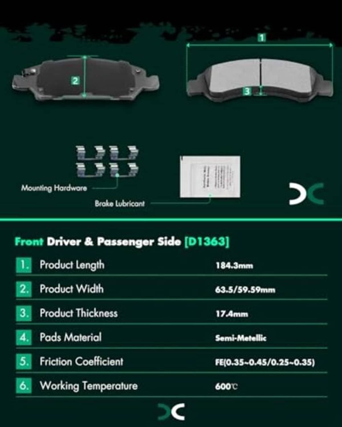 Front brake pads with highlighted slots and chamfer design, plus small mounting hardware