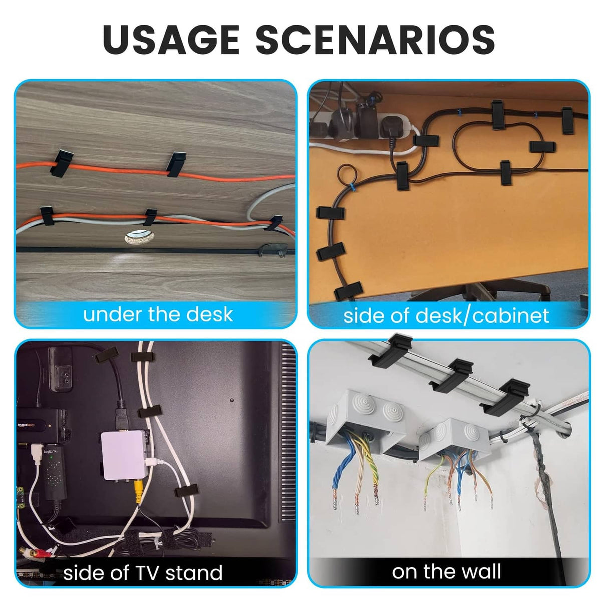 Black adhesive cable clips holding multiple cords in place