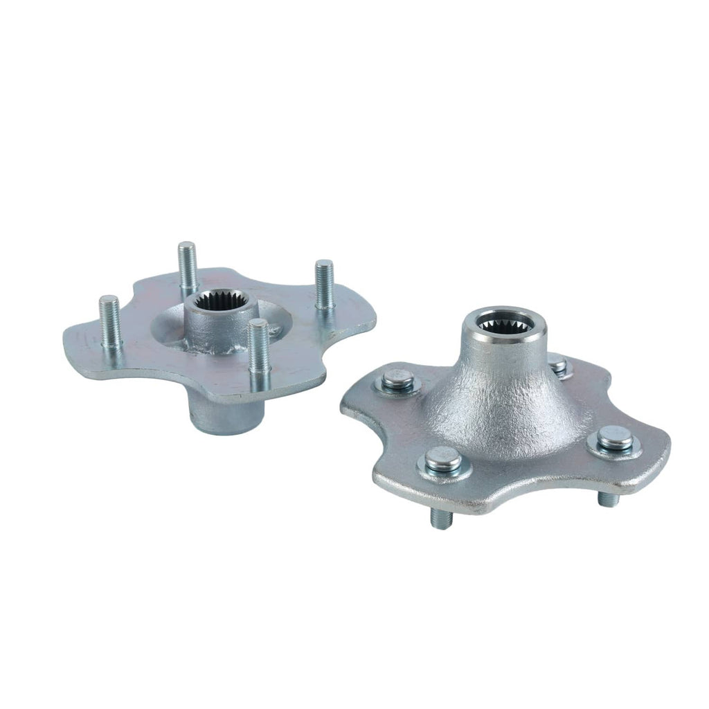 Rear wheel hub and axle shaft assembly, silver metal flanged hub with bolts and bearing bore