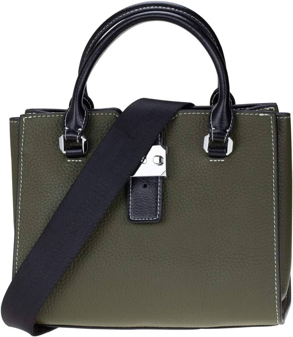 Olive tote bag with navy adjustable crossbody strap and square plastic connector clip