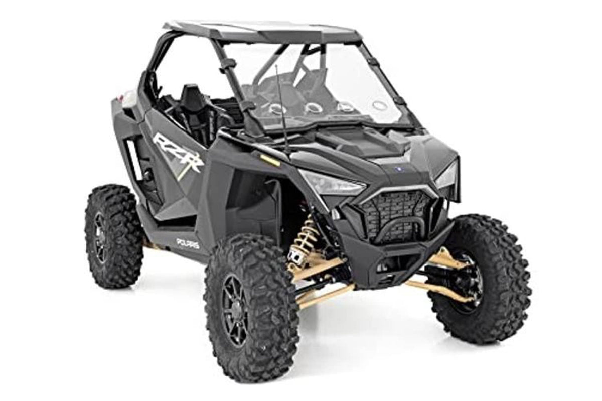 UTV with full vented windshield, clear panel, and black frame installed