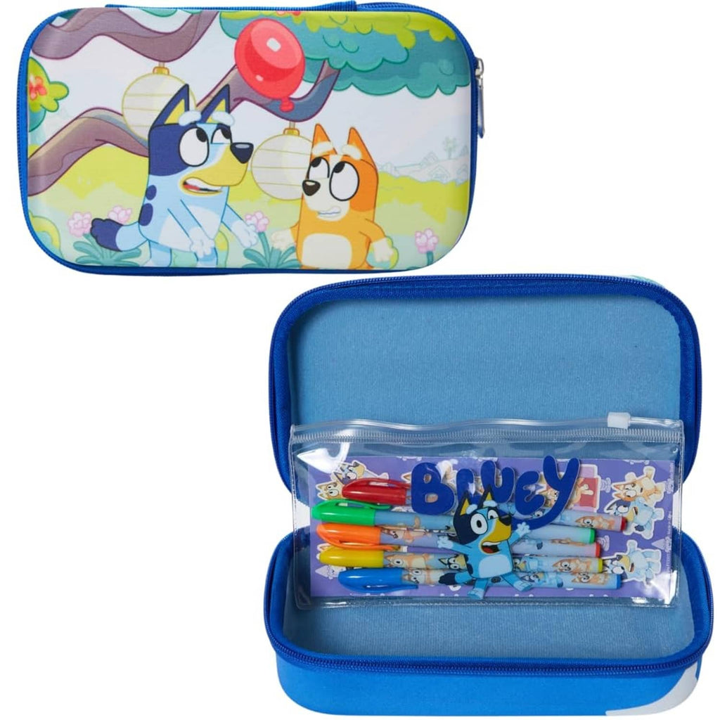 Bluey zip pencil case with clear pouch holding gel pens and small stationery items