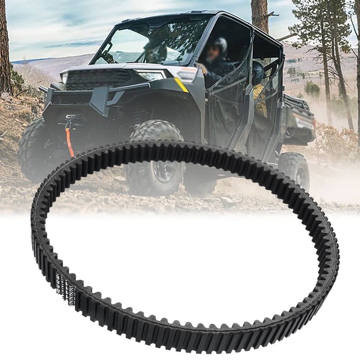 Heavy duty clutch drive belt, black ribbed loop with toothed edges