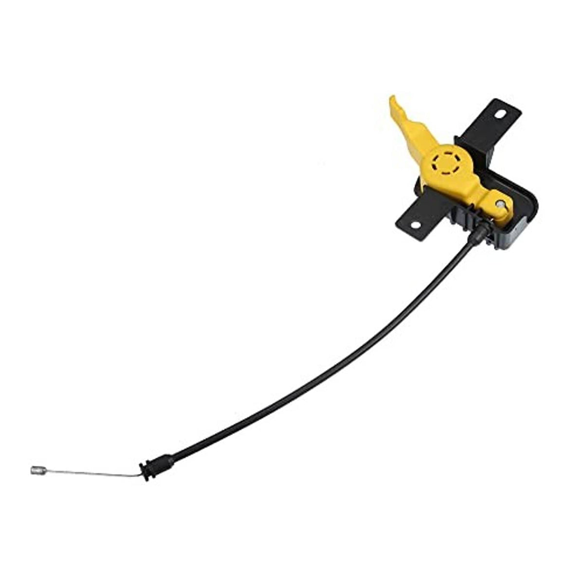 Hood release cable assembly with yellow latch mount, black bracket, and black cable