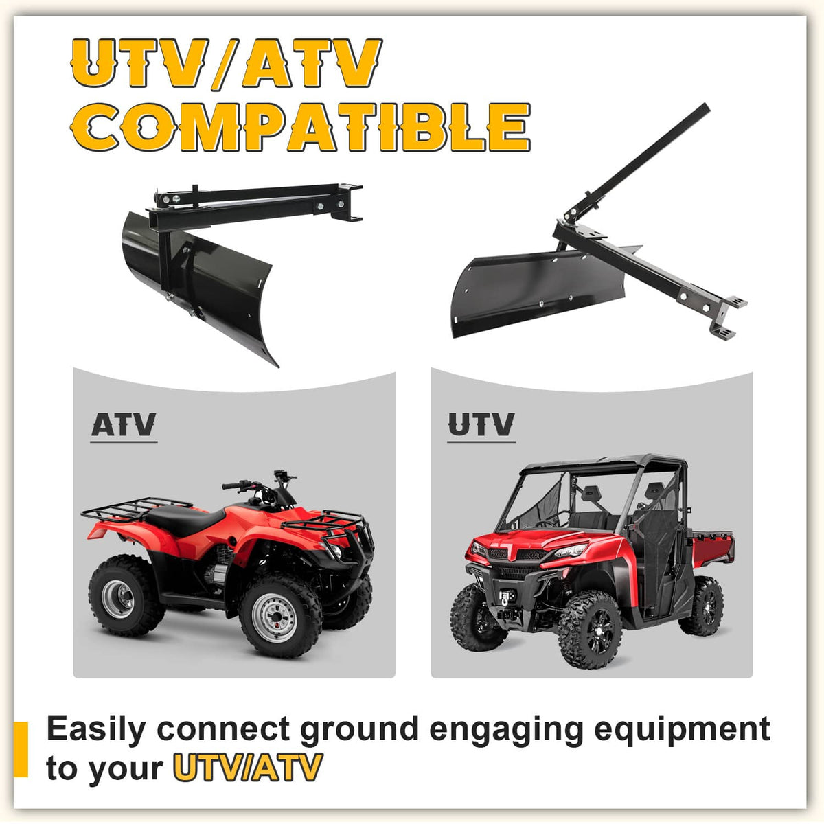 UTV/ATV-compatible tow-behind rear scrape blade with angled steel scraper