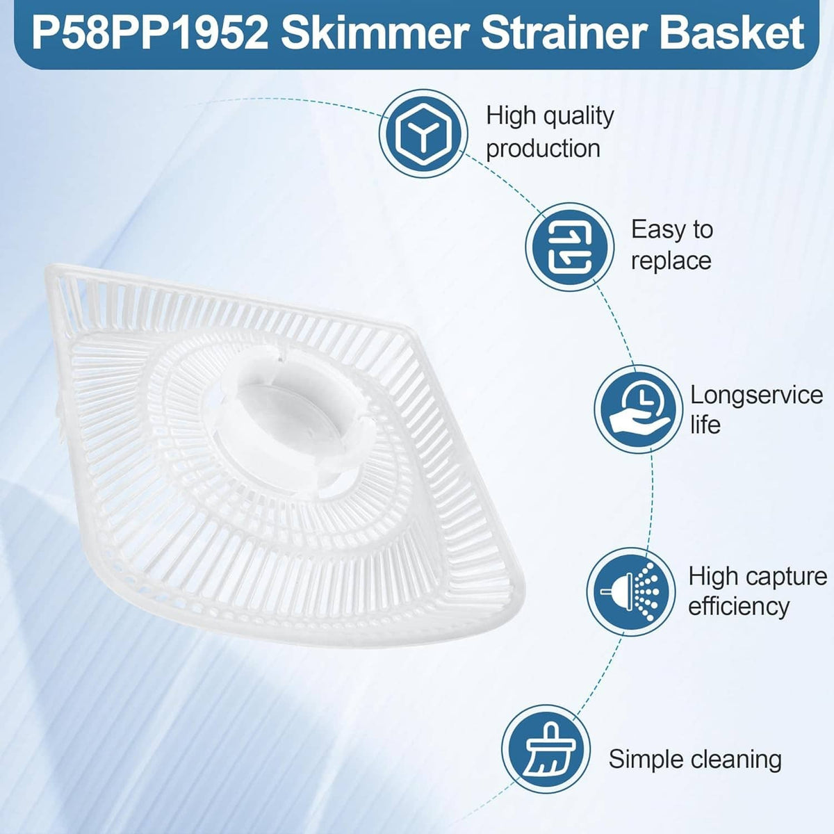 White replacement skimmer strainer basket with circular center and vertical debris slots