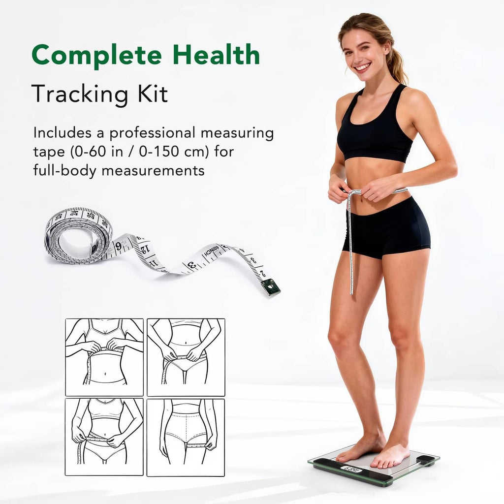 Digital body scale with measuring tape accessory for full-body tracking