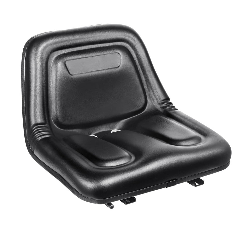 Black contoured forklift seat with padded backrest and side bolsters