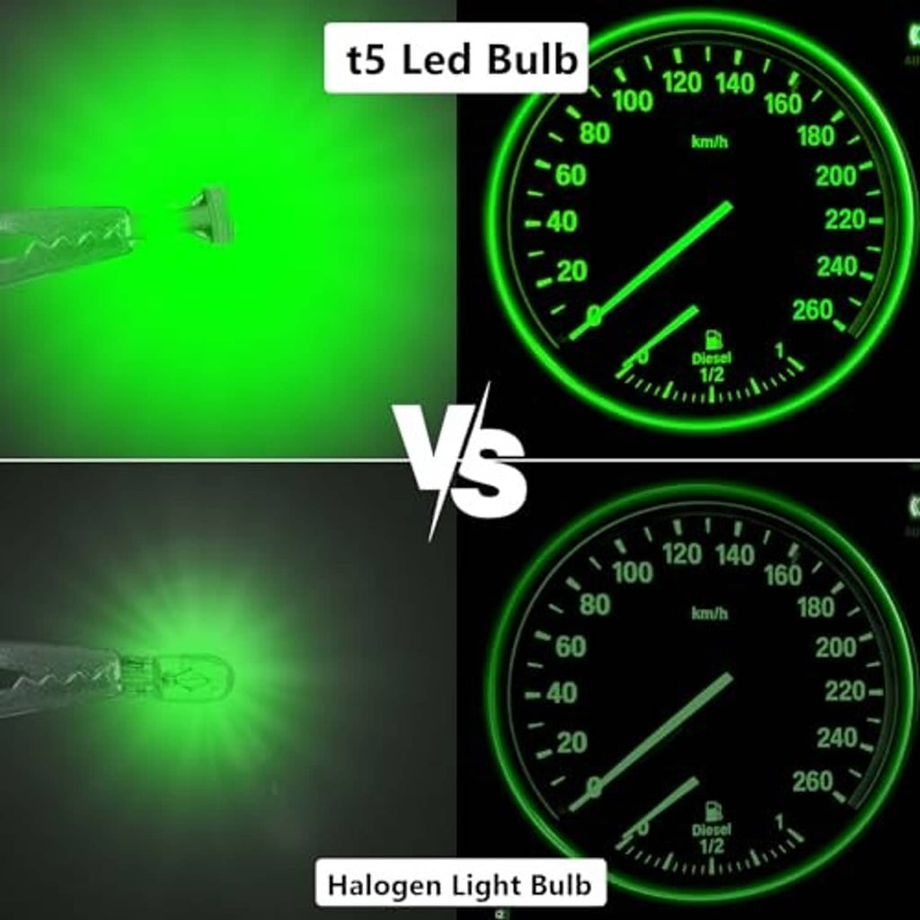 Green T5 LED bulb comparison versus halogen, with gauge glow and light output shown.