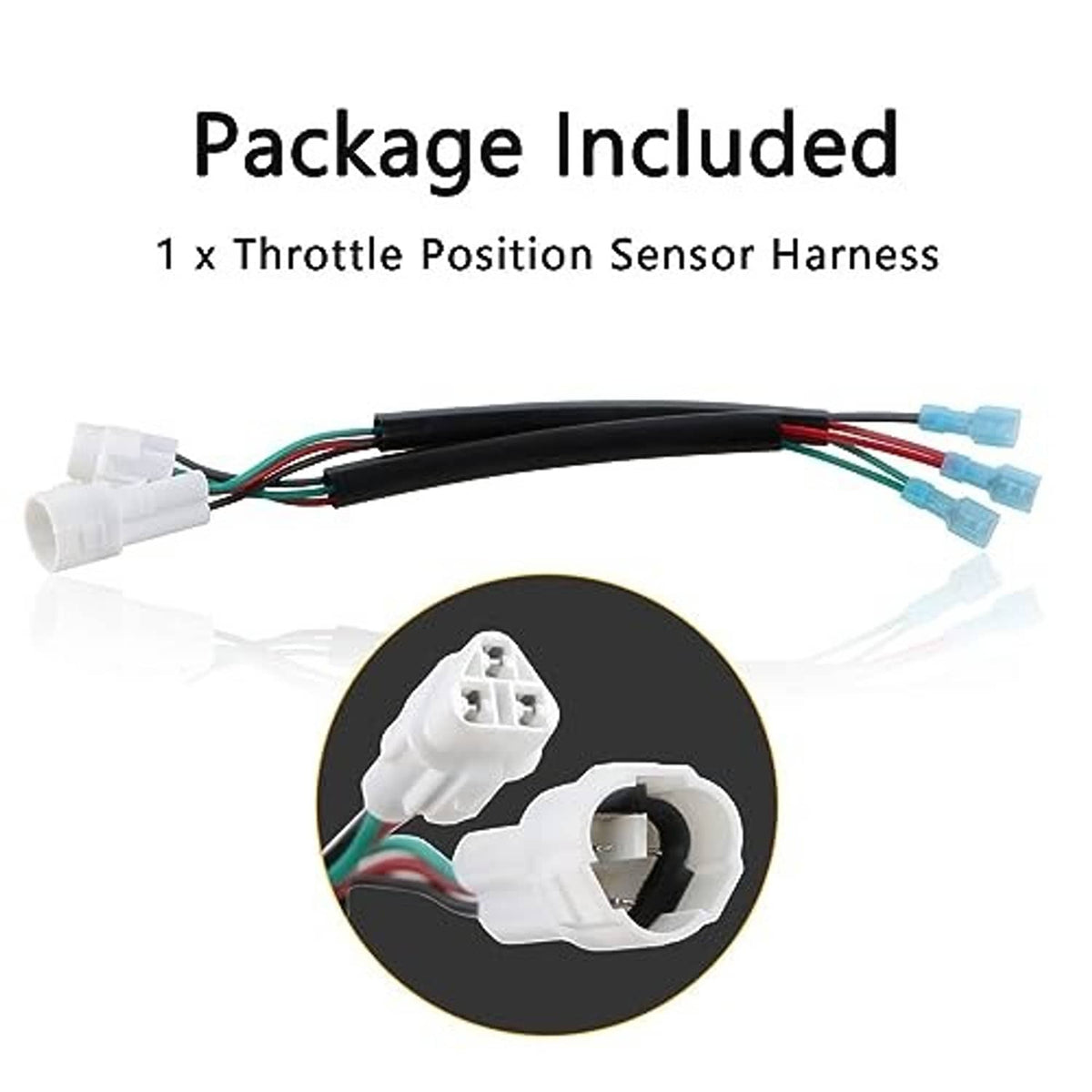 Throttle position sensor harness package view with two white connectors and blue wire caps