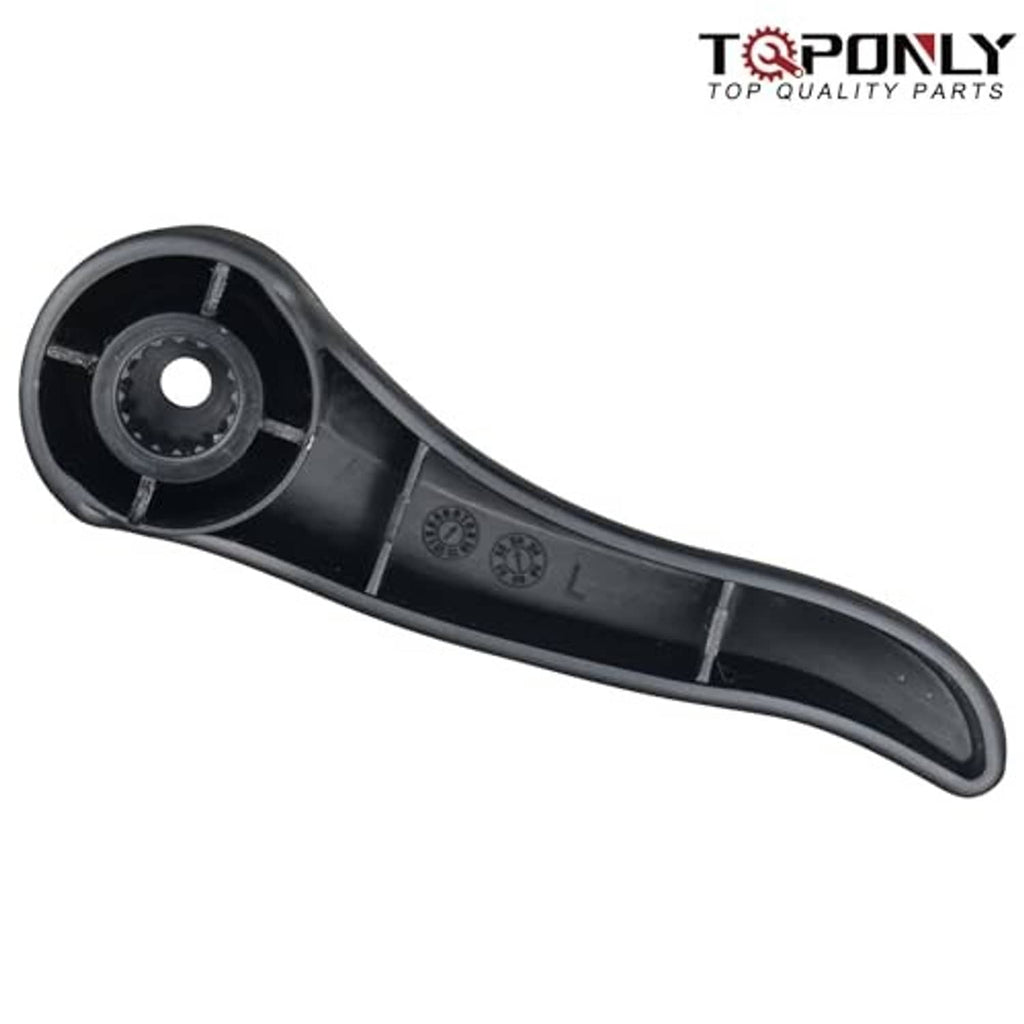 Seat recliner handle lever underside, black plastic housing with circular mounting hole