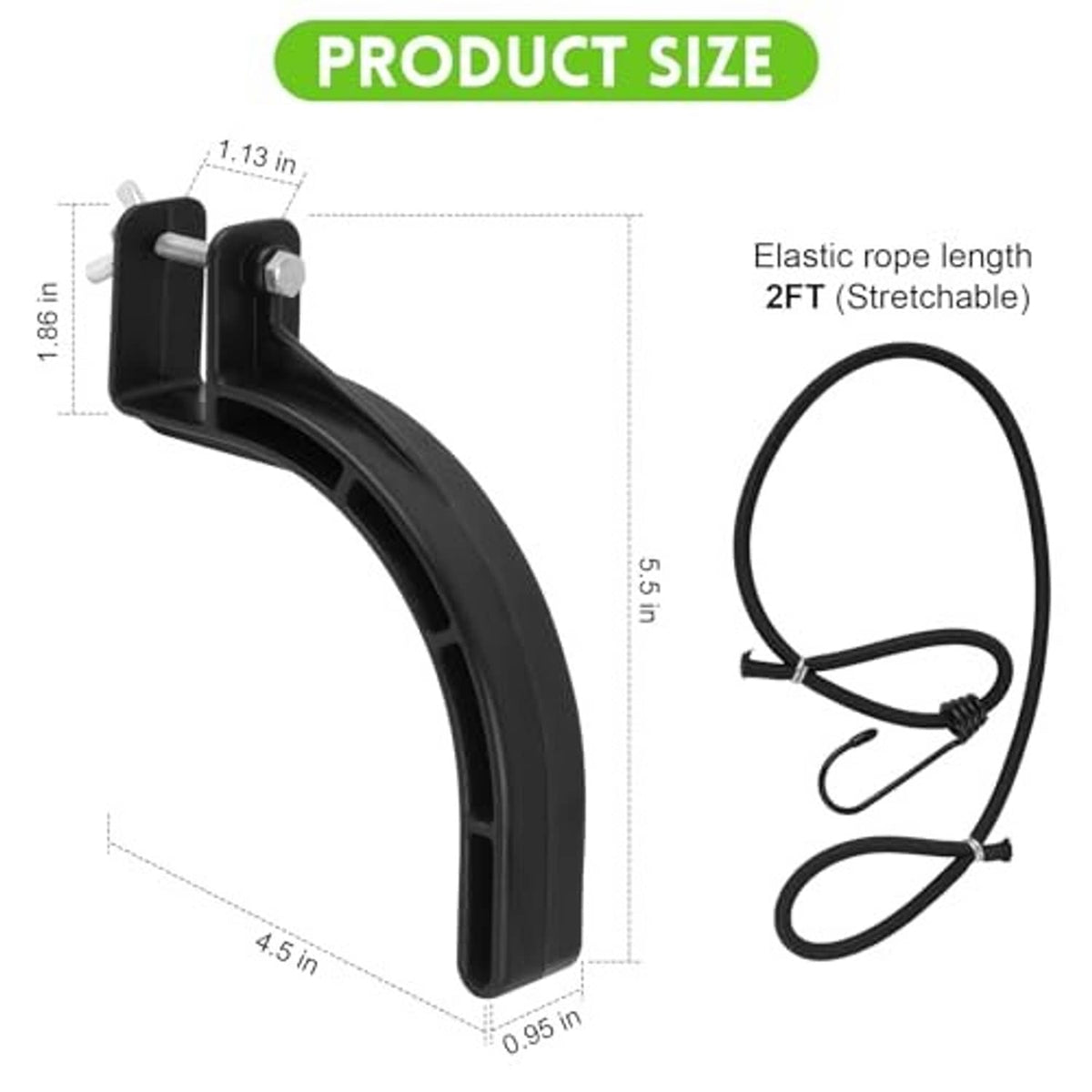 Black climbing tree stand stirrup bracket with elastic rope, shown with size outline