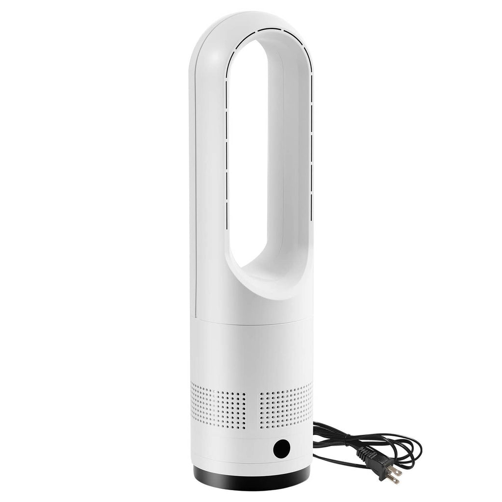 White bladeless tower fan, side view with air outlet frame and power cord