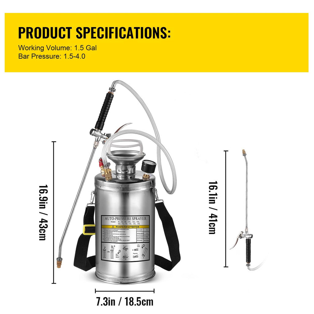 Stainless steel sprayer showing tank and extension wand dimensions