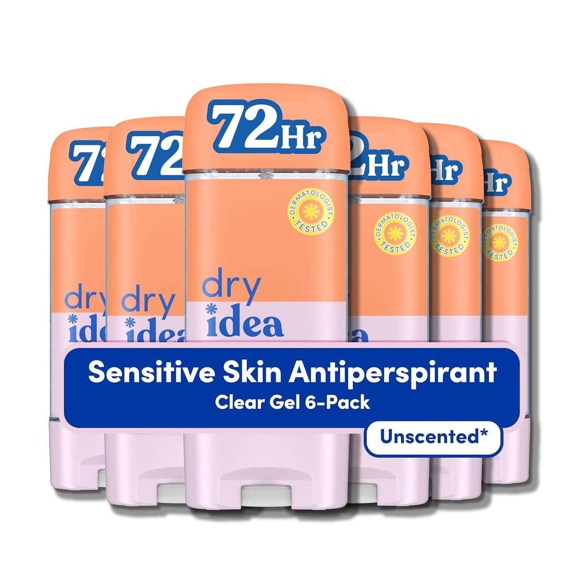 Sensitive skin clear gel antiperspirant 6-pack, unscented, orange-gray caps