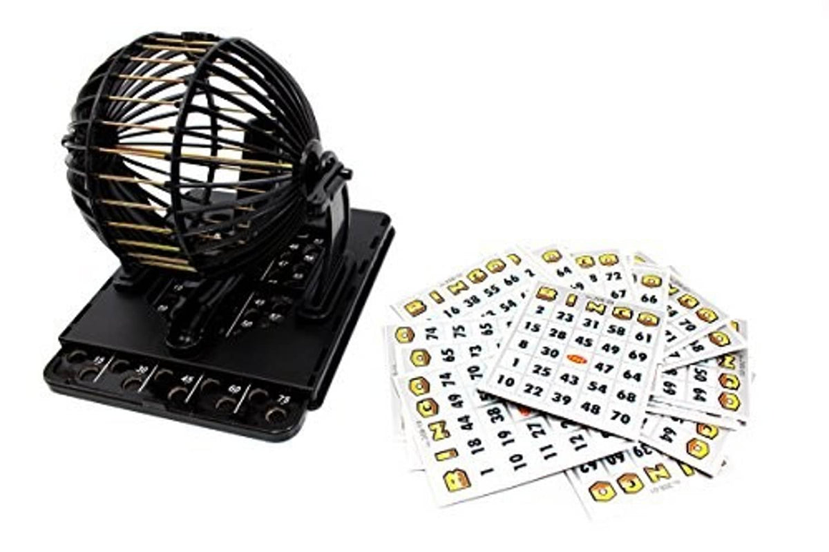 Bingo cage game machine with black frame and scattered bingo cards