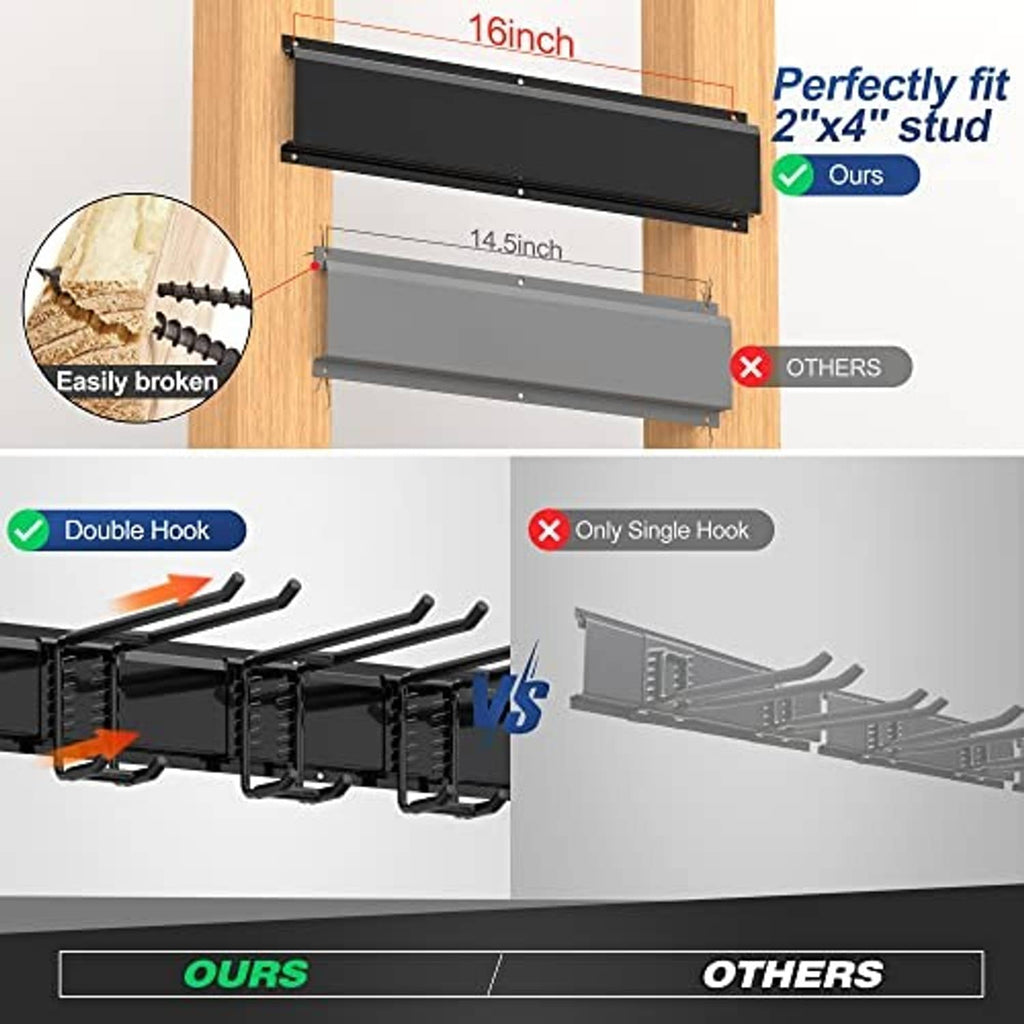 Black wall tool rack with long panel and multiple dual hooks