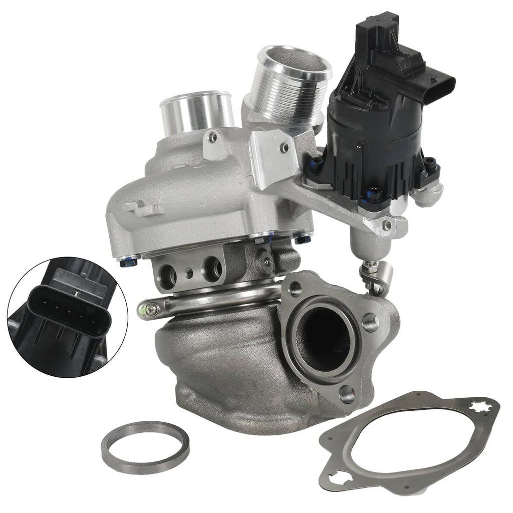 Right-side turbocharger assembly with metal housing, black electrical connector, and gaskets