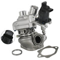 Right-side turbocharger assembly with metal housing, black electrical connector, and gaskets