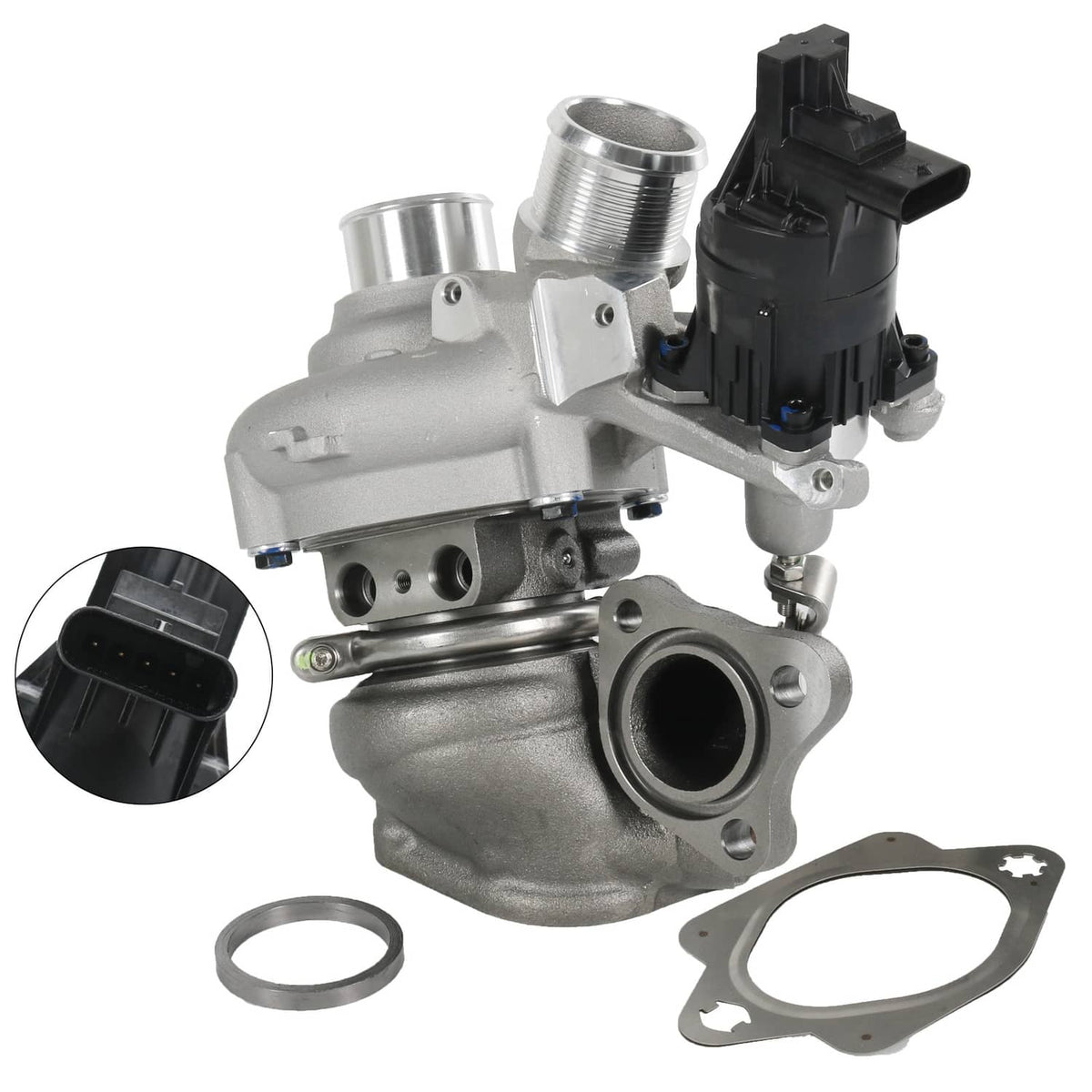 Right-side turbocharger assembly with metal housing, black electrical connector, and gaskets