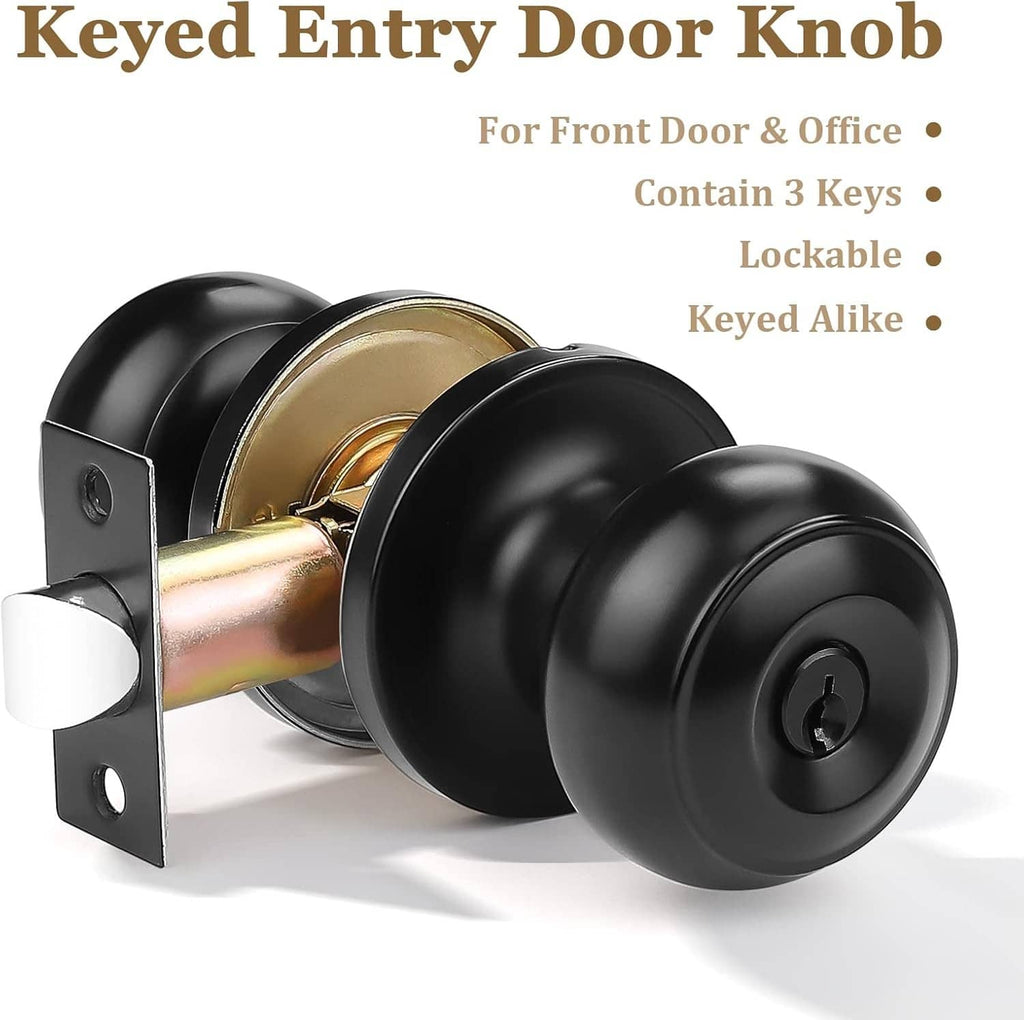 Black round keyed entry door knob with gold lock cylinder and mounting latch