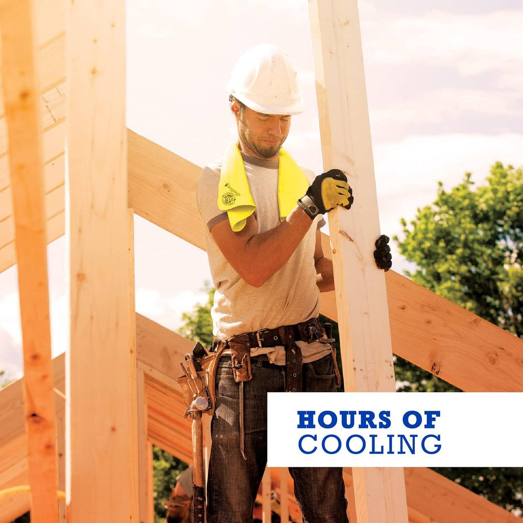 Lime cooling towel worn around a worker’s neck while outdoors