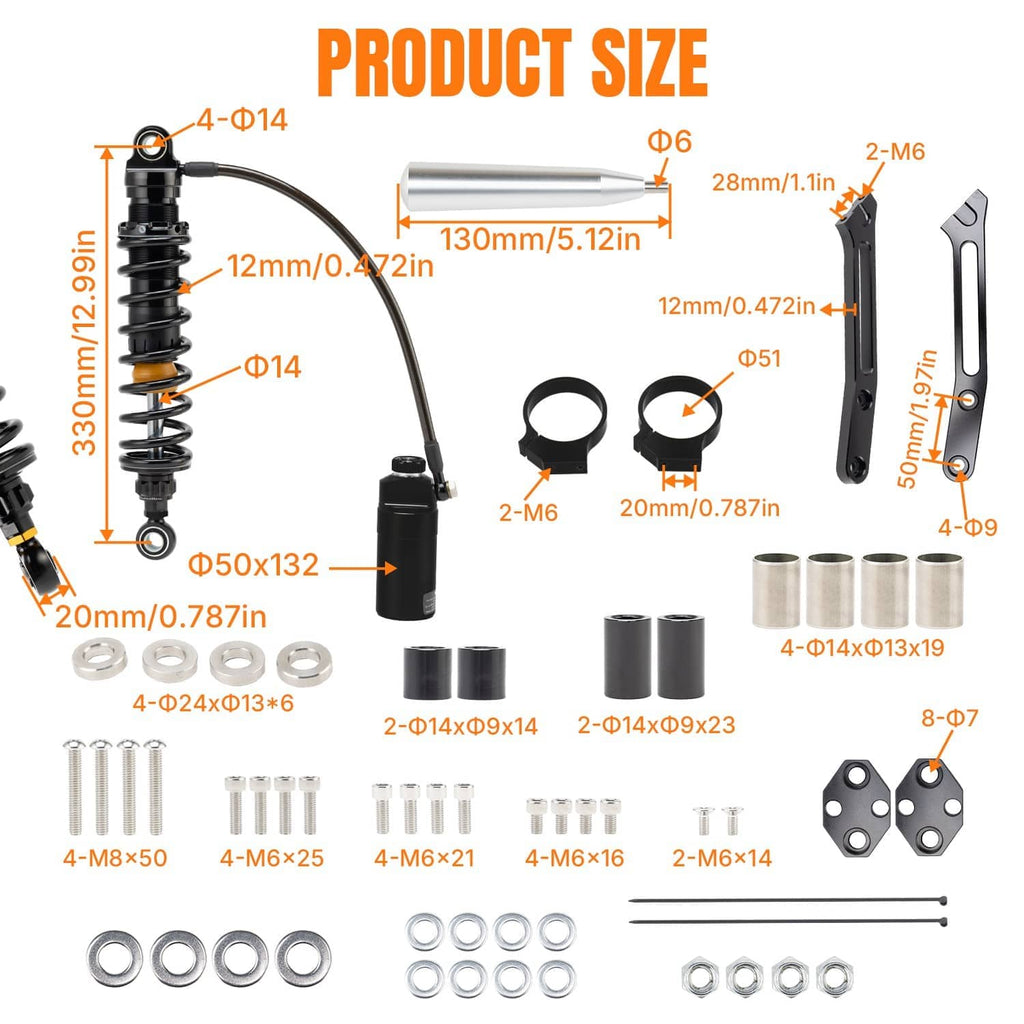 Remote reservoir rear suspension shocks with dimensions and included parts layout diagram