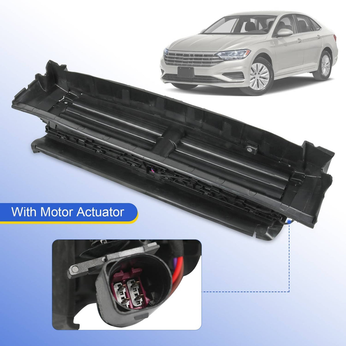 Active grille shutter with motor actuator, angled view with inset electrical connector