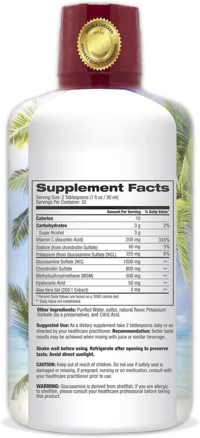 Supplement Facts label on back of Tropical Oasis joint supplement bottle
